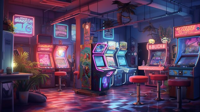 Game room illustration with arcade. Generative AI