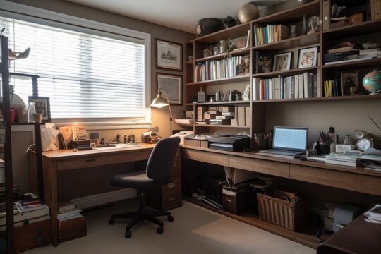 decluttered study, with tidy desk and organized bookshelves, created with generative ai