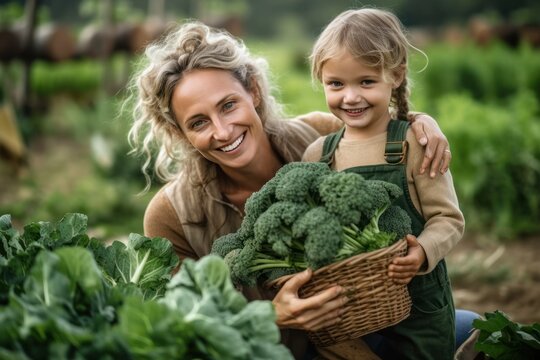 Happy Single Mother and Daughter Picking Fresh Kale Together in the Garden - Organic Vegetables, Healthy Eating, Family Bonding, Generative AI