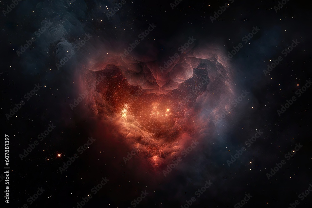 Wall mural heart-shaped nebula surrounded by stars and nebulae in the universe, created with generative ai
