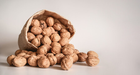 Walnut in a paper bag on a white background. Natural ingredient. Close-up, shopping grocery concept, nuts delivery. Zero Waste Food Shopping. Copy space