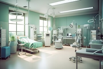 Fototapeta na wymiar intensive treatment unit room with stuff professional photography ai generated