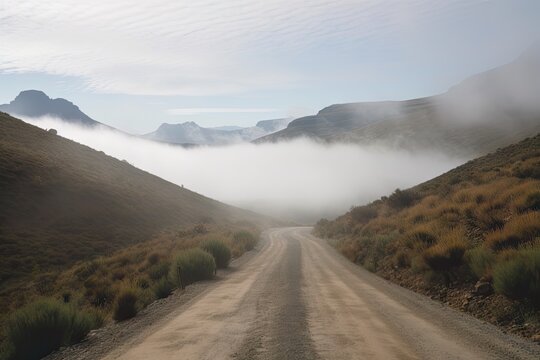 remote mountain road, surrounded by clouds and mist, with view of distant peaks, created with generative ai