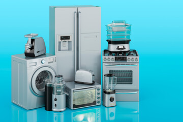 Set of kitchen and home appliances on blue background, 3D rendering
