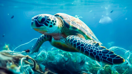 Fototapeta premium a sea turtle swims in the polluted ocean between plastic, generative AI