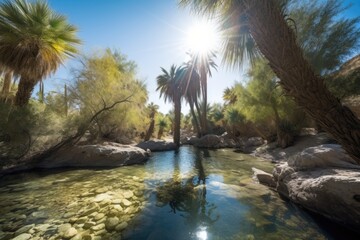Fototapeta na wymiar desert oasis with clear blue sky and sunlight shining through the trees, created with generative ai