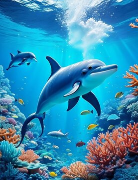 AI generated image of cute Dolphin under the sea, 