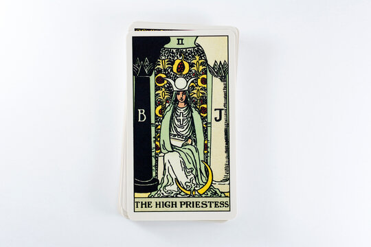 Madrid, Spain - May 22, 2023: Tarot cards, Rider Waite tarot cards, the high priestess vintage card in the foreground.