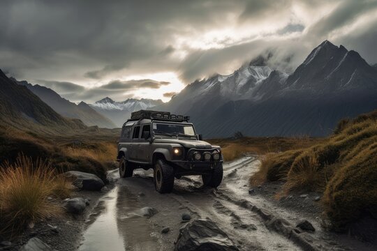 off-road vehicle traversing rugged wilderness, with majestic mountains in the background, created with generative ai
