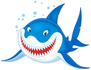 Funny giant and very dangerous great white shark in a good mood friendly smiling and blowing bubbles, cartoon illustration isolated on a white background