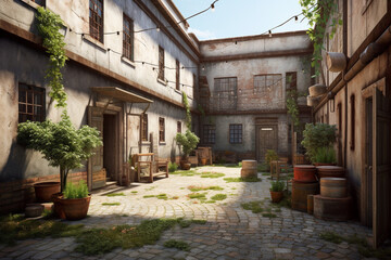 Ancient prison, brick walls. Courtyard. AI generated.