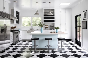 mid-century modern kitchen with classic black and white checkerboard flooring, stainless steel appliances, and sleek barstools, created with generative ai