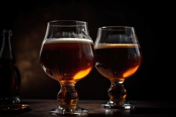 draught beer in glasses on dark background, with blurred light and shadows, created with generative ai