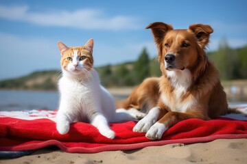 dog and cat lifeguards sitting on beach towel, taking a break from their duties, created with generative ai