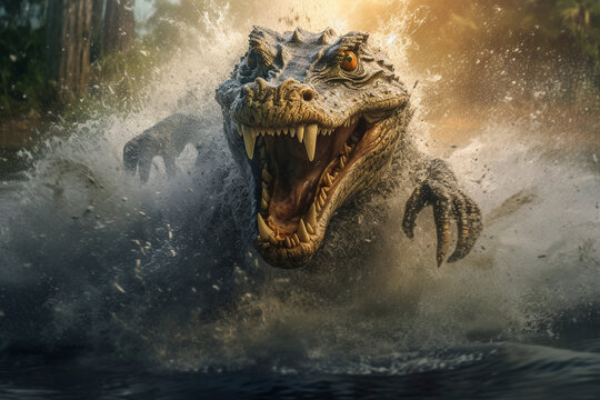 Crocodile attacks in the river. AI generated.