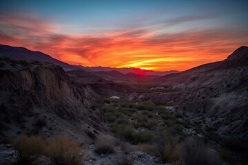 sunset over fiery canyon with silhouette of rugged mountain range in the background, created with generative ai