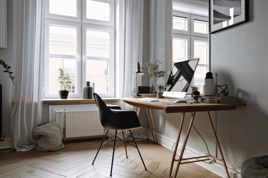 crisp and clean home office with sleek desk and chair, minimal decor, and natural light, created with generative ai