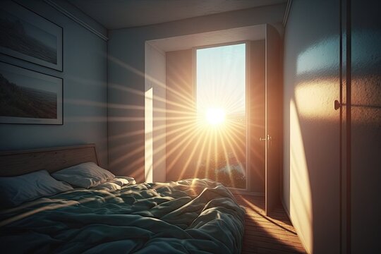 a vibrant sunrise, with the sun rays shining through a window in a bedroom, created with generative ai