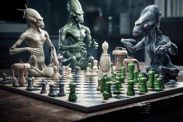 extraterrestrial playing game of chess, the pieces and board floating in the air, created with generative ai