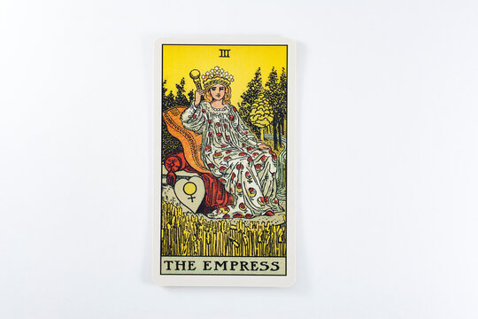 Madrid, Spain - May 22, 2023: Tarot cards, Rider Waite tarot cards, the empress vintage card in the foreground.
