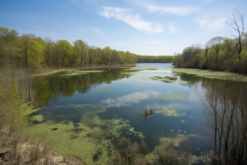 Fototapeta premium pristine pond surrounded by clear waters, but with the threat of agricultural runoff nearby, created with generative ai