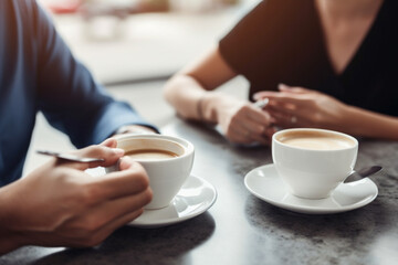 Fototapeta na wymiar Friends talking at cafe table during coffee break, business meeting in coffee shop