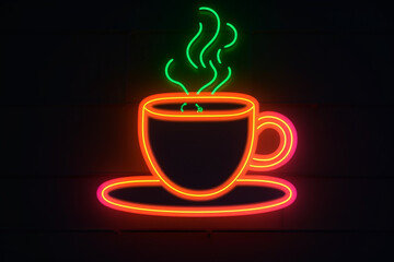 Neon coffee cup logo on black background, logo design