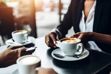 Friends talking at cafe table during coffee break, business meeting in coffee shop