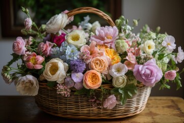 basket overflowing with pastel flowers, perfect for springtime wedding, created with generative ai