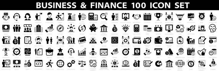Business and Finance 100 icon set. Business people, human resources, office management, money, bank, contact, infographic and more. Vector illustration