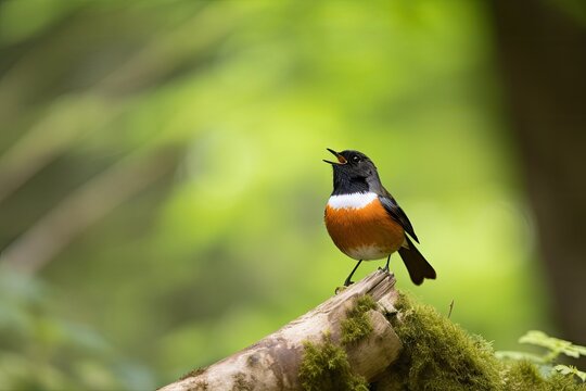 male redstart singing its heart out in a serene forest, created with generative ai