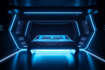 Futuristic bed in bedroom, blue glowing neon lights, architecture and technology inspiration