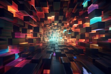 Cubes tunnel with bright lighting. Generative AI