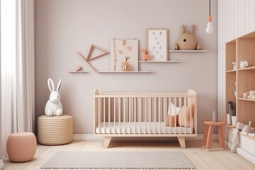 Fototapeta na wymiar Modern minimalist nursery room, Baby room interior, Light colours, Scandinavian style
