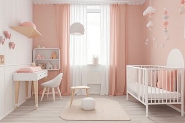 Fototapeta na wymiar Modern minimalist nursery room, Baby room interior, Light colours, Scandinavian style