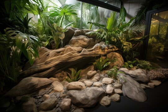 luxury reptile enclosure with heated basking rocks, waterfall and tropical plants, created with generative ai
