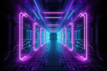 Fototapeta na wymiar colorful neon light corridor with electronic lamps. Generative AI