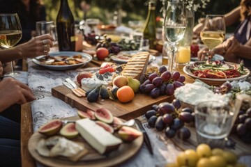 Naklejka premium al fresco picnic with family and friends, enjoying delicious food and wine, created with generative ai