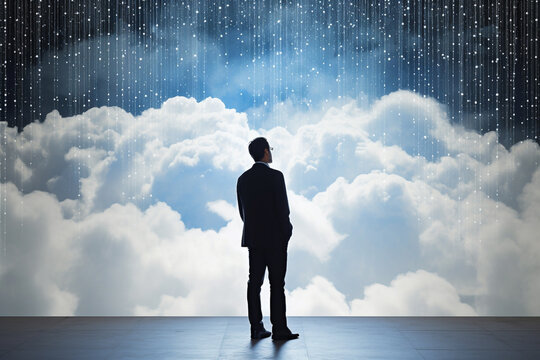 Business person stands in front of an abstract cloud infrastructure, visually representing the concept of modern cloud management and its impact on business operations and strategy