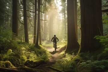 person, biking through forest on adventure travel trip, created with generative ai