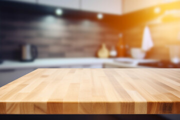 Wooden kitchen table platform in apartment for product or food display, blurred background