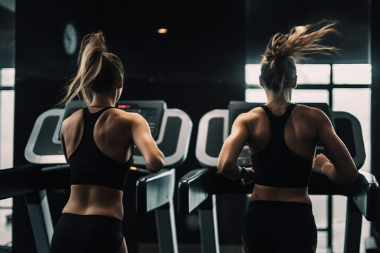Back of two woman inside of gym on treadmill, sports and physical exercise, running and jogging for cardio