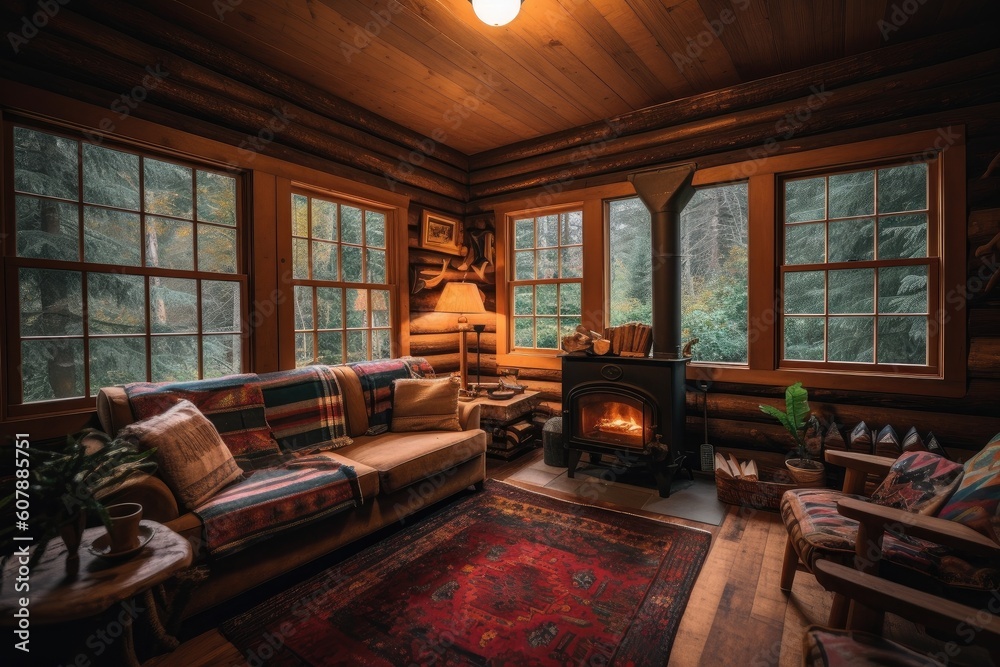 Wall mural cozy cabin retreat, with cozy fireplace and throw pillows, surrounded by towering trees, created wit