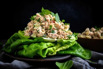 stack of crisp lettuce leaves topped with creamy tuna salad, created with generative ai