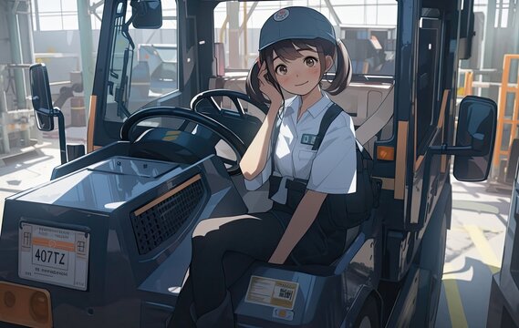 Asian Female Industrial Truck Operator Backdrop Setting Very Pretty Illustration Generative AI