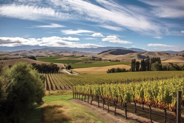 vineyard with rolling hills and distant mountain range in the background, created with generative ai