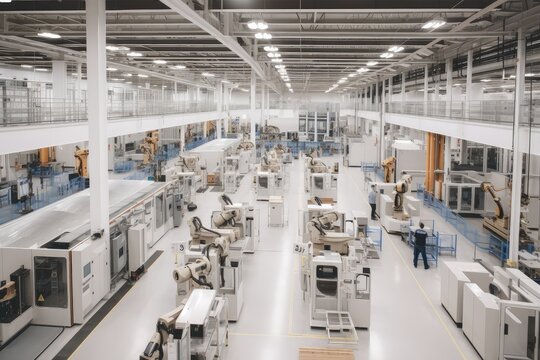 a factory floor outfitted with robotic arms and other automated systems, producing a variety of machines on demand, created with generative ai