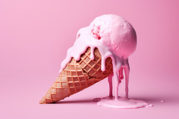 Closeup of melting pink ice cream in a waffle cone, isolated on a flat pink background with copy space. Creative concept for summer cold desserts. Generative AI 3d render illustration imitation.