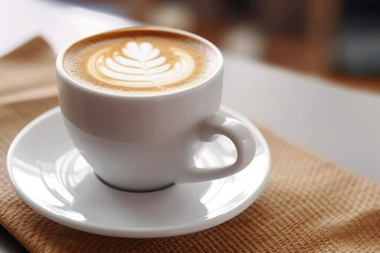 Beautifully presented cup of hot espresso or cappuccino coffee with fascinating latte art served in white cup with blurred background. AI Generated