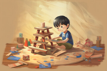 illustration of kid playing wooden made with Generative AI